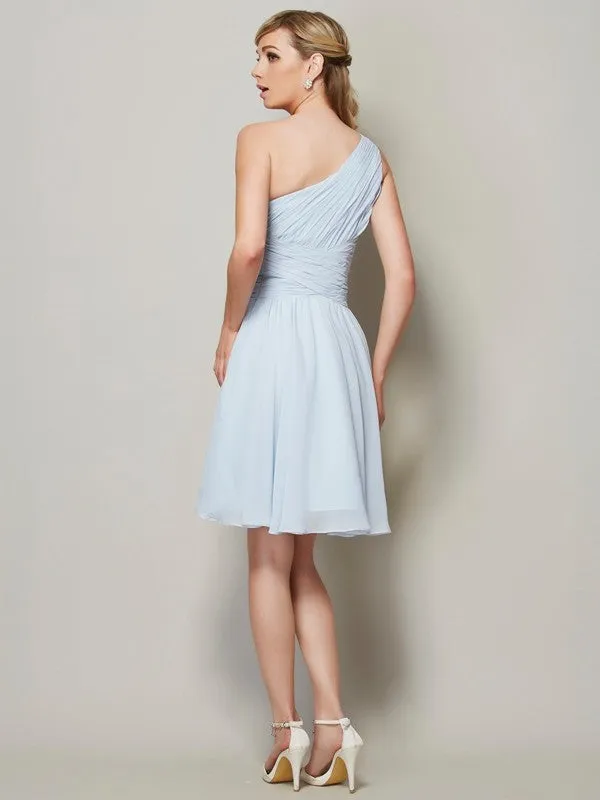 A-Line Chiffon One-Shoulder Sleeveless Short/Mini With Ruched Bridesmaid Dresses