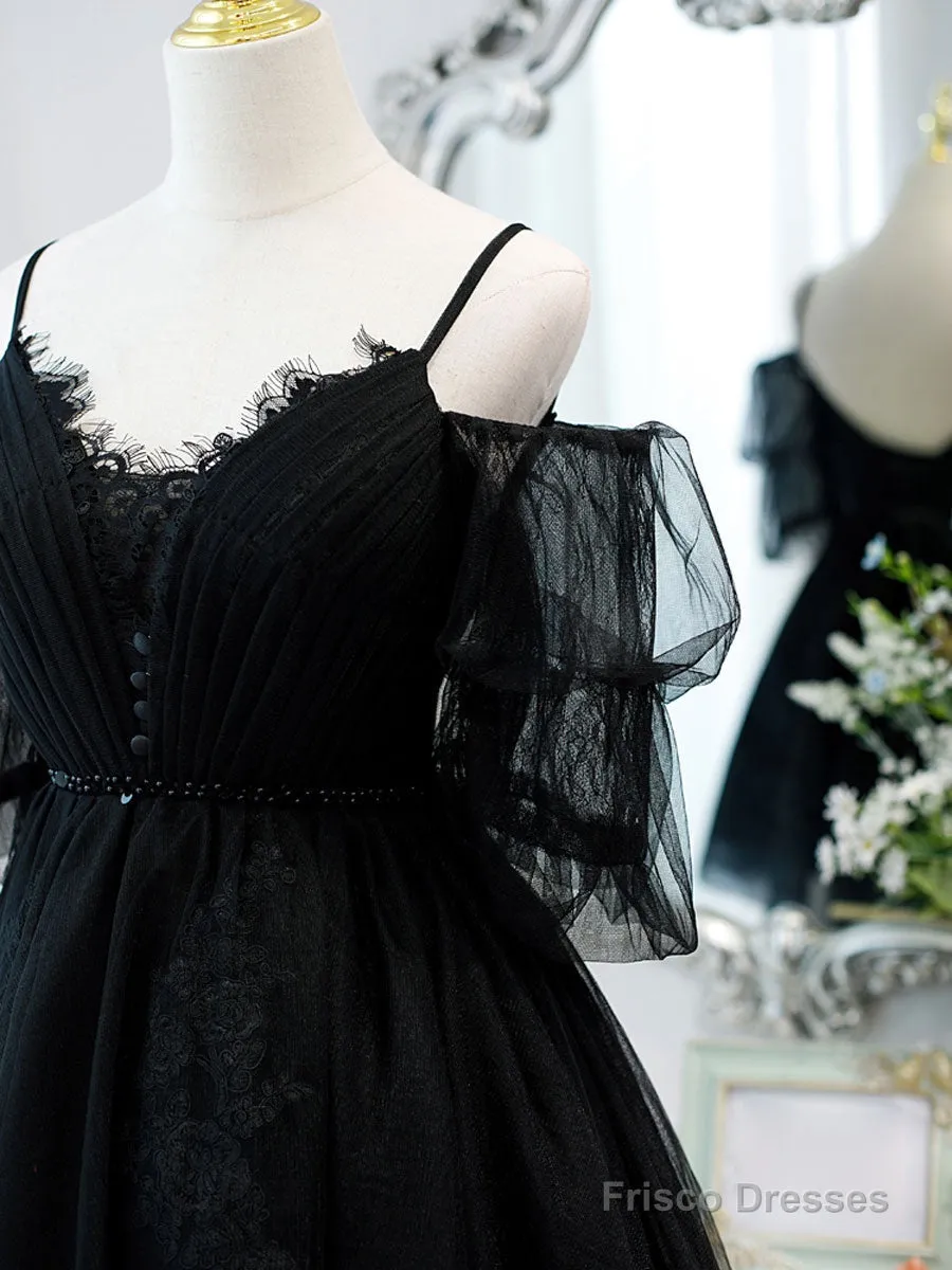 Black A line V Neck Lace Short/Mini Prom Dress, Black Puffy Homecoming Dresses