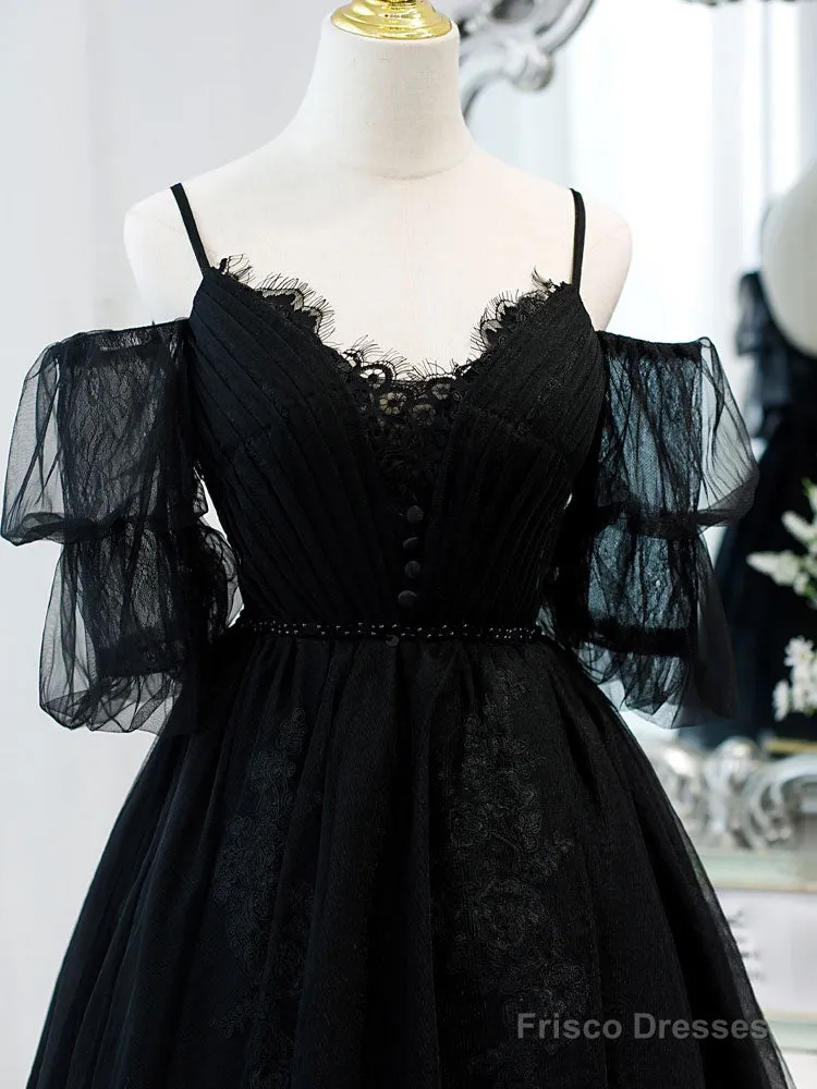 Black A line V Neck Lace Short/Mini Prom Dress, Black Puffy Homecoming Dresses