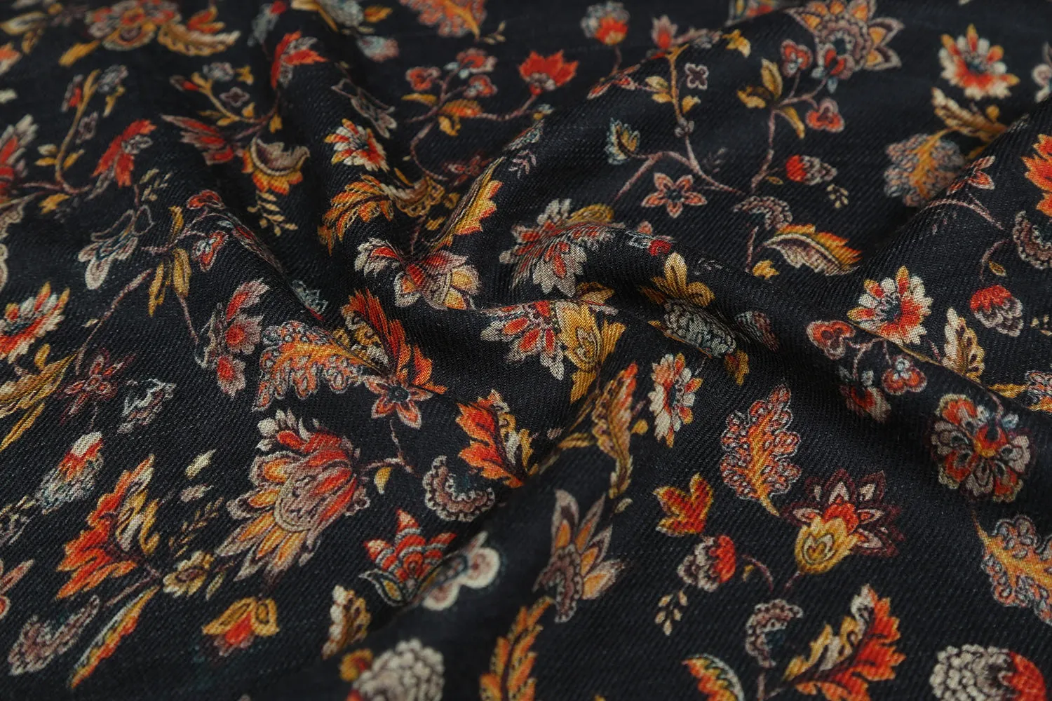Black Base Floral Printed Wool Fabric