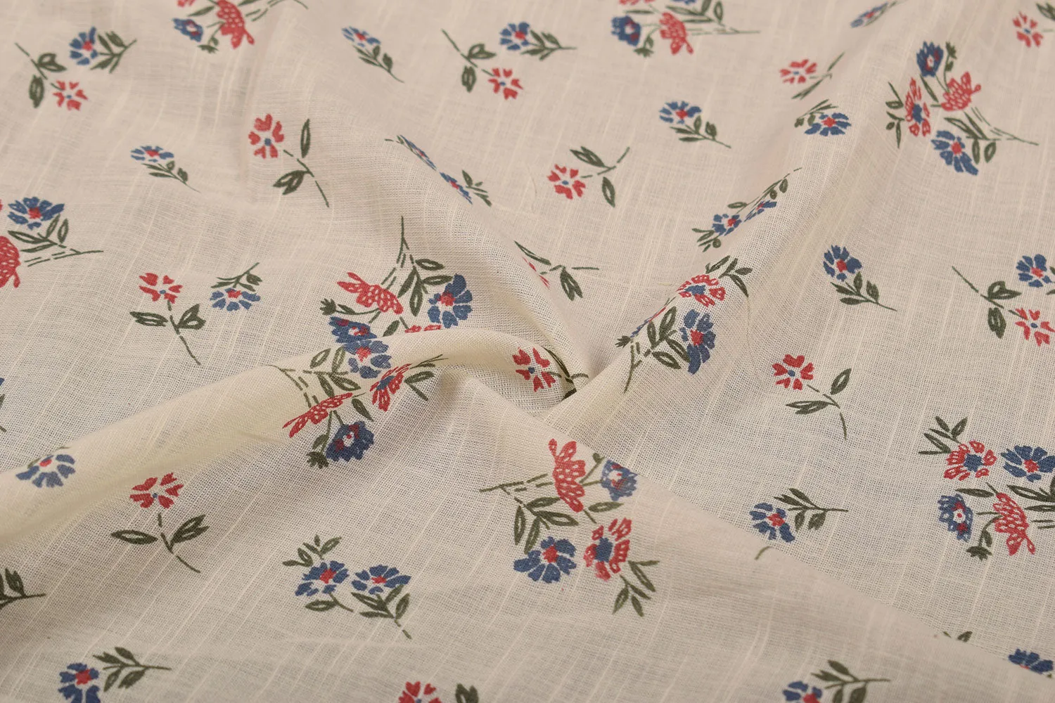 Cream Printed Cotton Slub Fabric