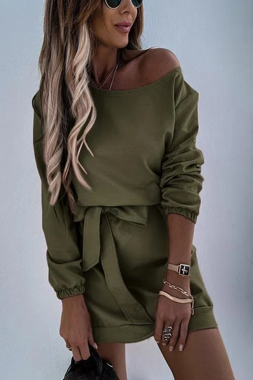 Dew Shoulder Belted Long Sleeve Mini Dress
