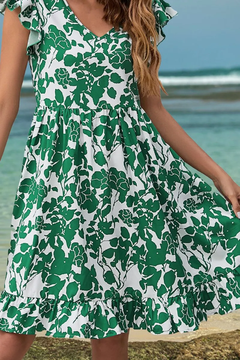 Green Floral Dress: Mini Dress with Ruffle Short Sleeve