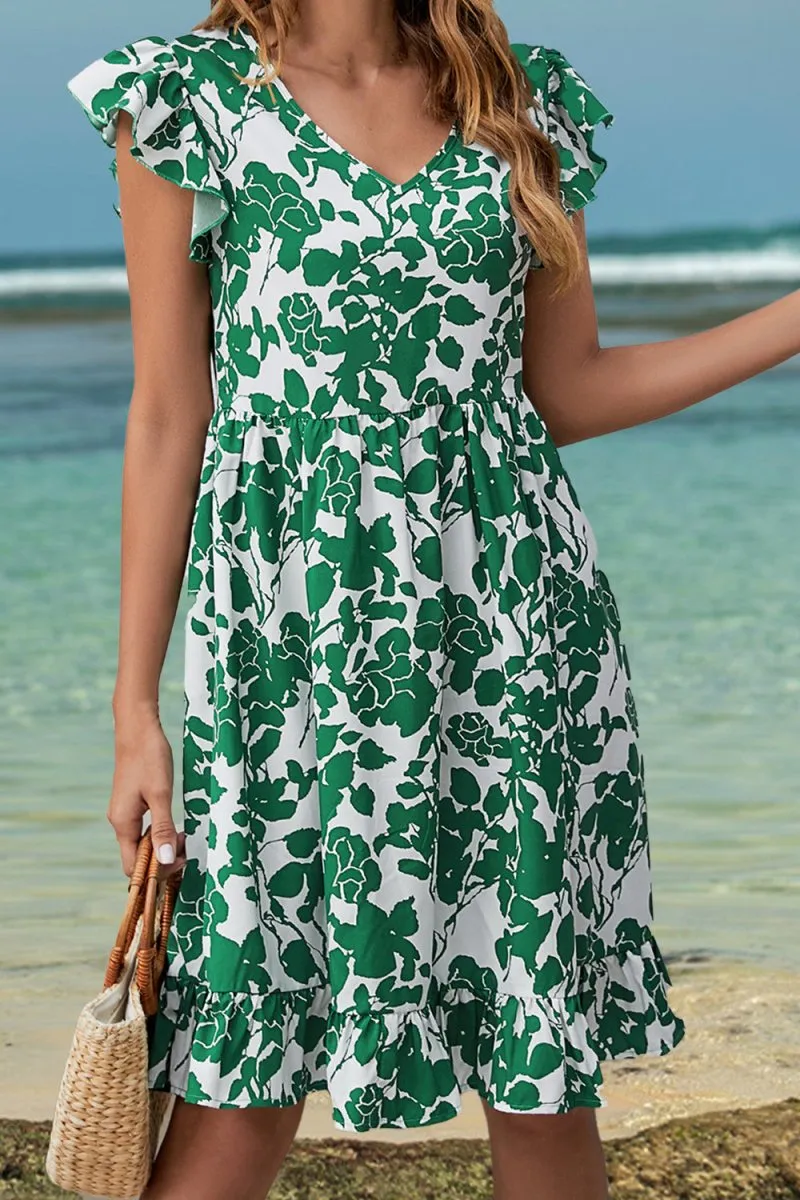 Green Floral Dress: Mini Dress with Ruffle Short Sleeve