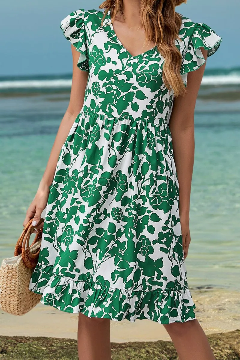 Green Floral Dress: Mini Dress with Ruffle Short Sleeve