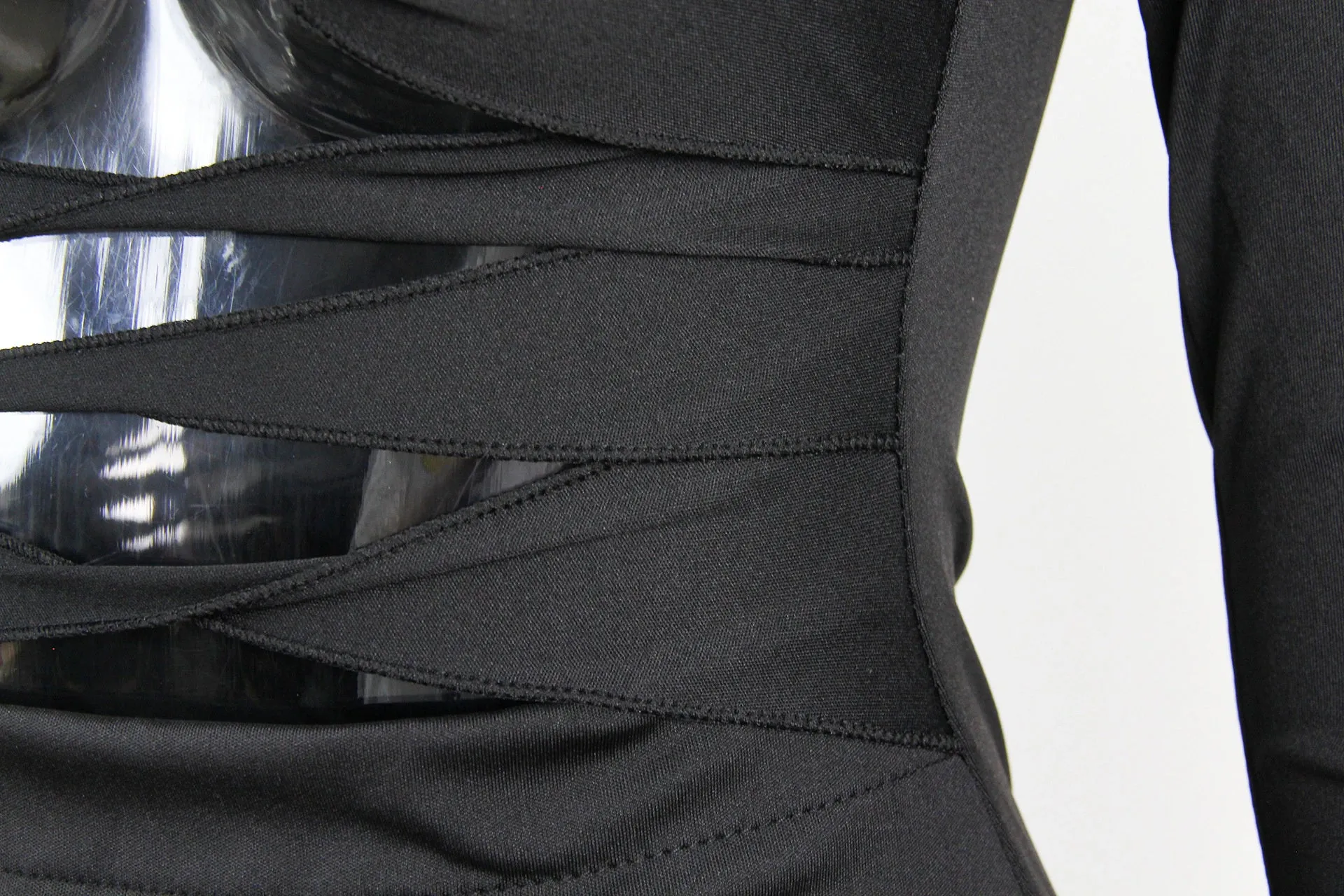 Hollow Out Ruched Strapless Full Sleeve Bodycon Party Mini Dress