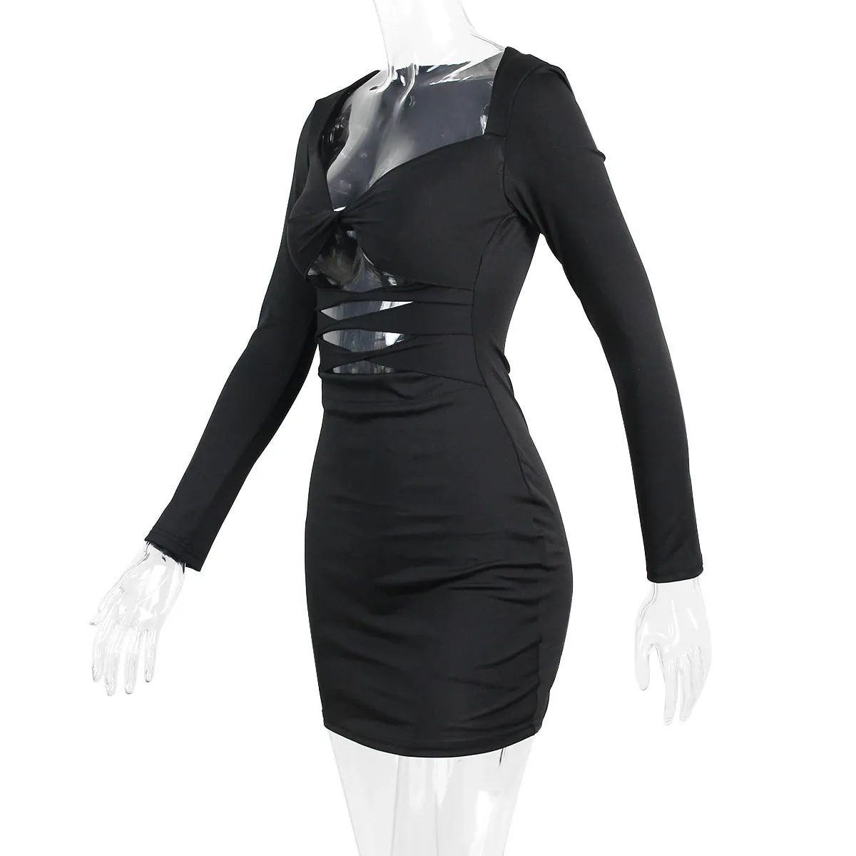 Hollow Out Ruched Strapless Full Sleeve Bodycon Party Mini Dress