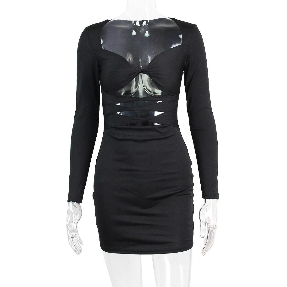 Hollow Out Ruched Strapless Full Sleeve Bodycon Party Mini Dress