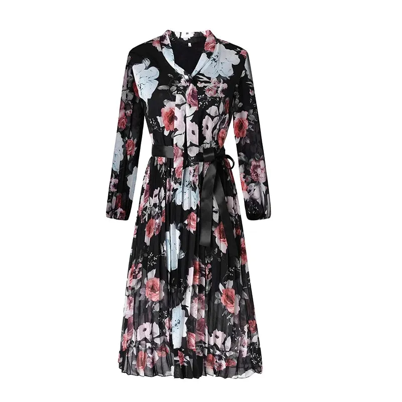 Julia Fashion - Chiffon Long Sleeve Floral Print Casual Deep V Neck Green Mini Dress