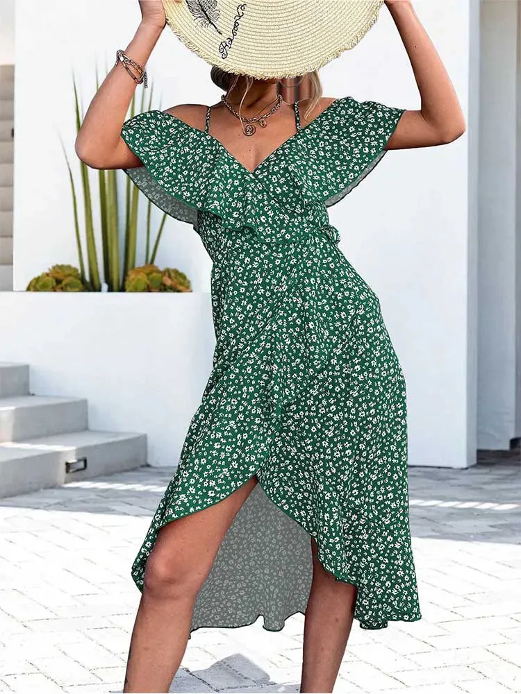 Julia Fashion - Ladies Straps Green Off Shoulder Ruffles Casual Beach Floral Print Mini Dress