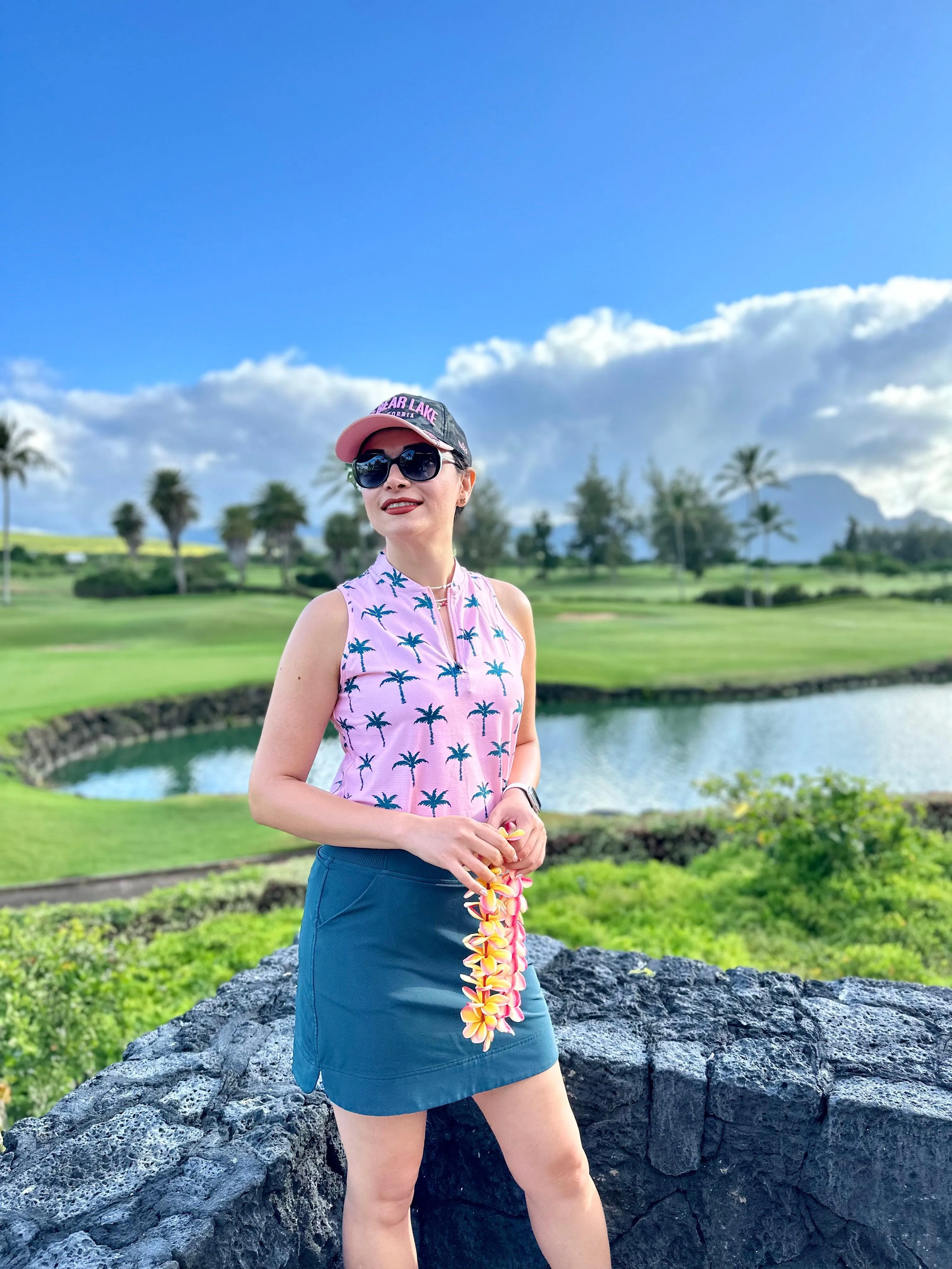 Ladies Sleeveless Golf Polo- 🏌🏿‍♀️SO® Green Coconut Tree on Pink Background Print  Athletic Polo Shirts Moisture Wicking Tennis Shirts Athletic Polo Shirts Moisture Wicking Tennis Shirts