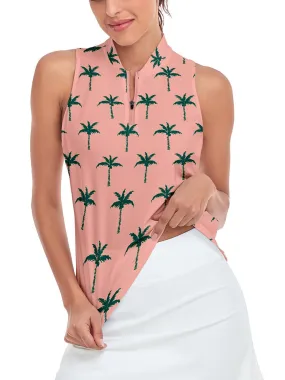 Ladies Sleeveless Golf Polo- 🏌🏿‍♀️SO® Green Coconut Tree on Pink Background Print  Athletic Polo Shirts Moisture Wicking Tennis Shirts Athletic Polo Shirts Moisture Wicking Tennis Shirts
