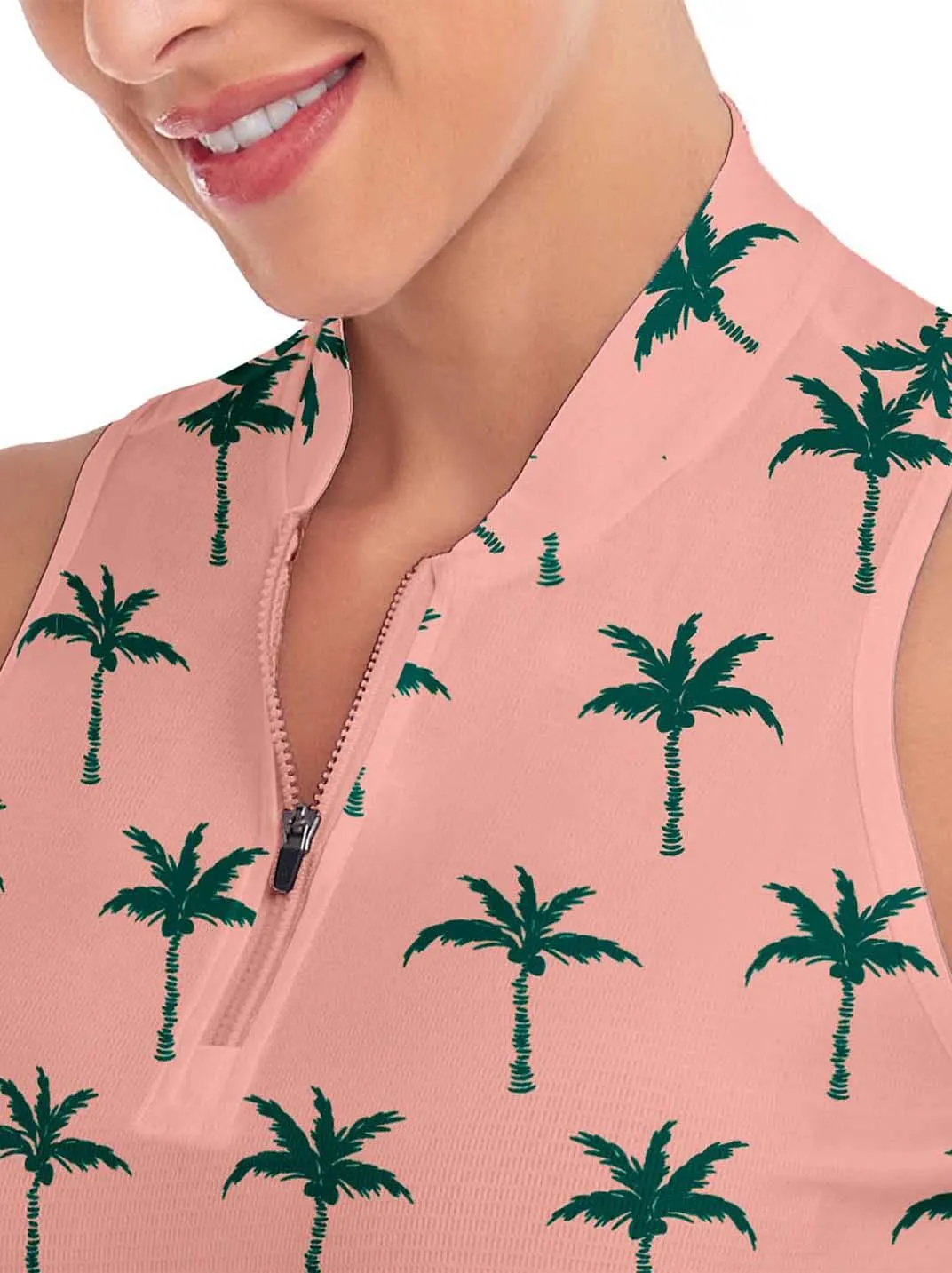Ladies Sleeveless Golf Polo- 🏌🏿‍♀️SO® Green Coconut Tree on Pink Background Print  Athletic Polo Shirts Moisture Wicking Tennis Shirts Athletic Polo Shirts Moisture Wicking Tennis Shirts