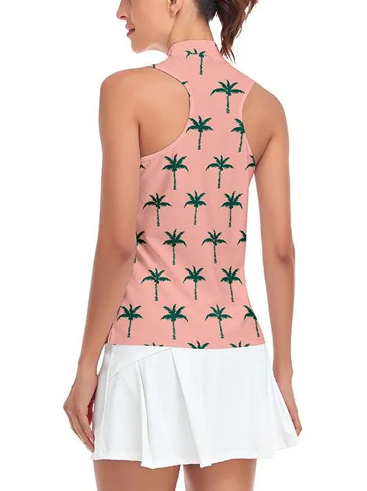 Ladies Sleeveless Golf Polo- 🏌🏿‍♀️SO® Green Coconut Tree on Pink Background Print  Athletic Polo Shirts Moisture Wicking Tennis Shirts Athletic Polo Shirts Moisture Wicking Tennis Shirts