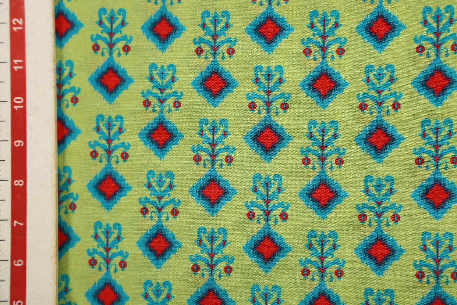 Lime Green Motifs Printed Cotton Linen  Fabric