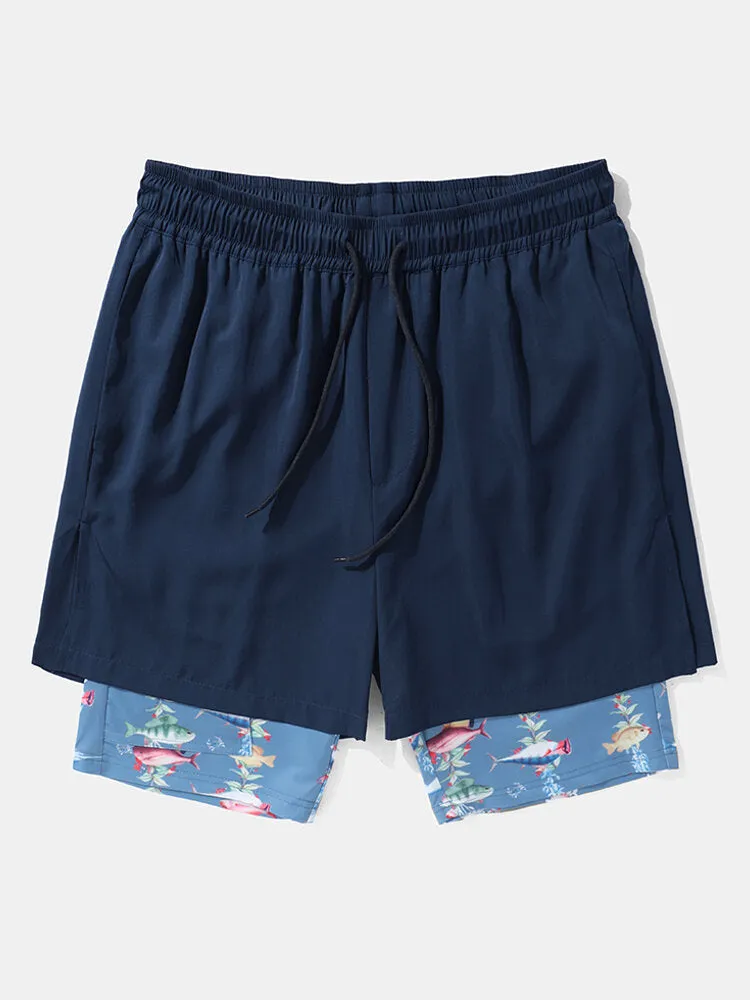 Men Tiered Designed Shark Print Leggings Quick Dry Shorts