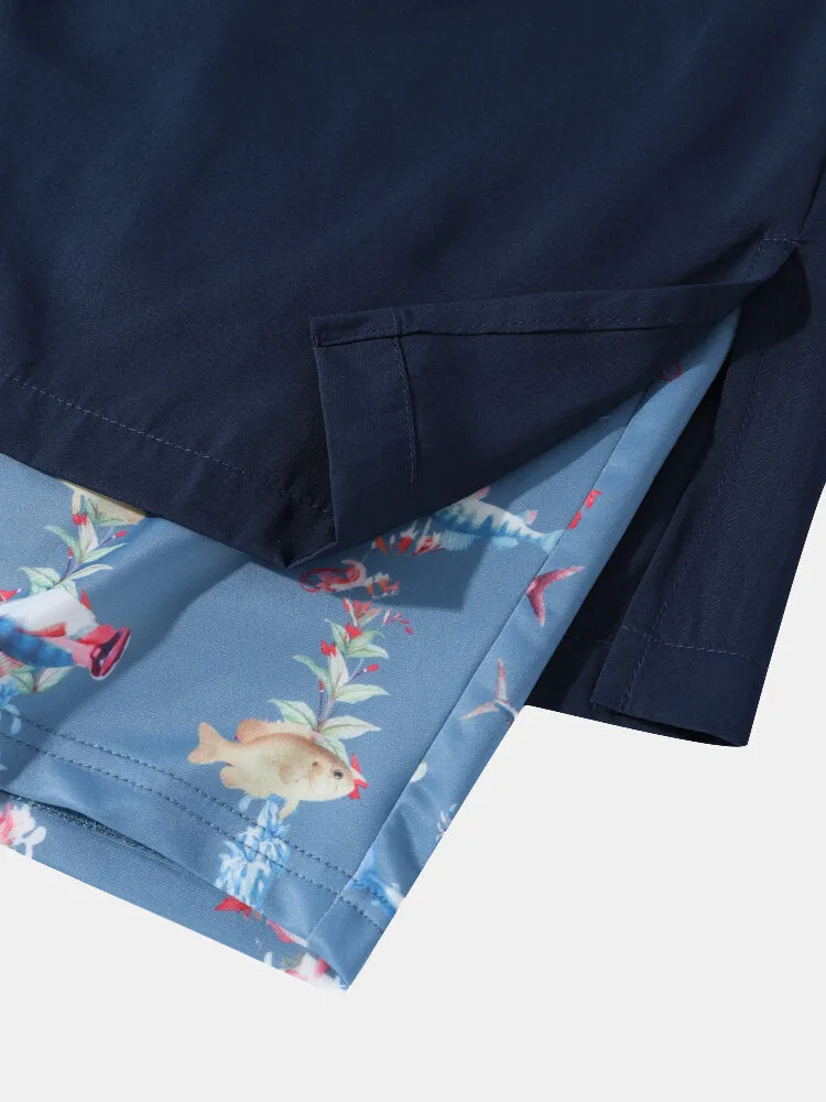 Men Tiered Designed Shark Print Leggings Quick Dry Shorts