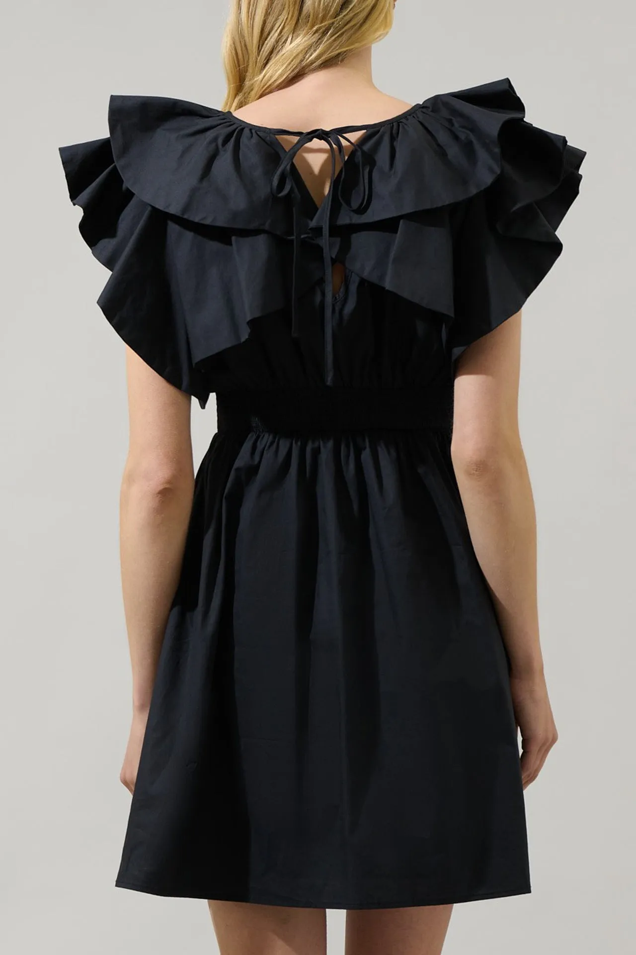 Ruffle Neck Black Mini Dress Sexy