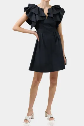 Ruffle Neck Black Mini Dress Sexy