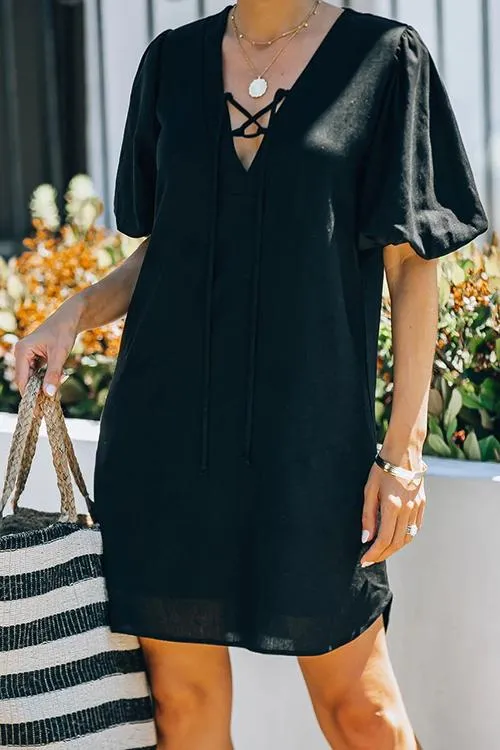 Solid Lace Up V Neck Puff Sleeve Mini Dress