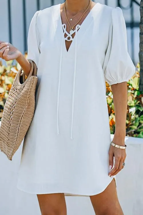 Solid Lace Up V Neck Puff Sleeve Mini Dress