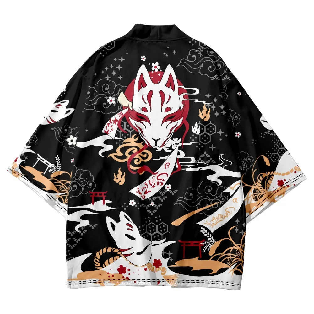 Vintage Fox Mask Print Kimono Outerwear