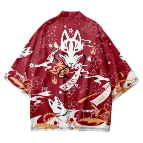 Vintage Fox Mask Print Kimono Outerwear