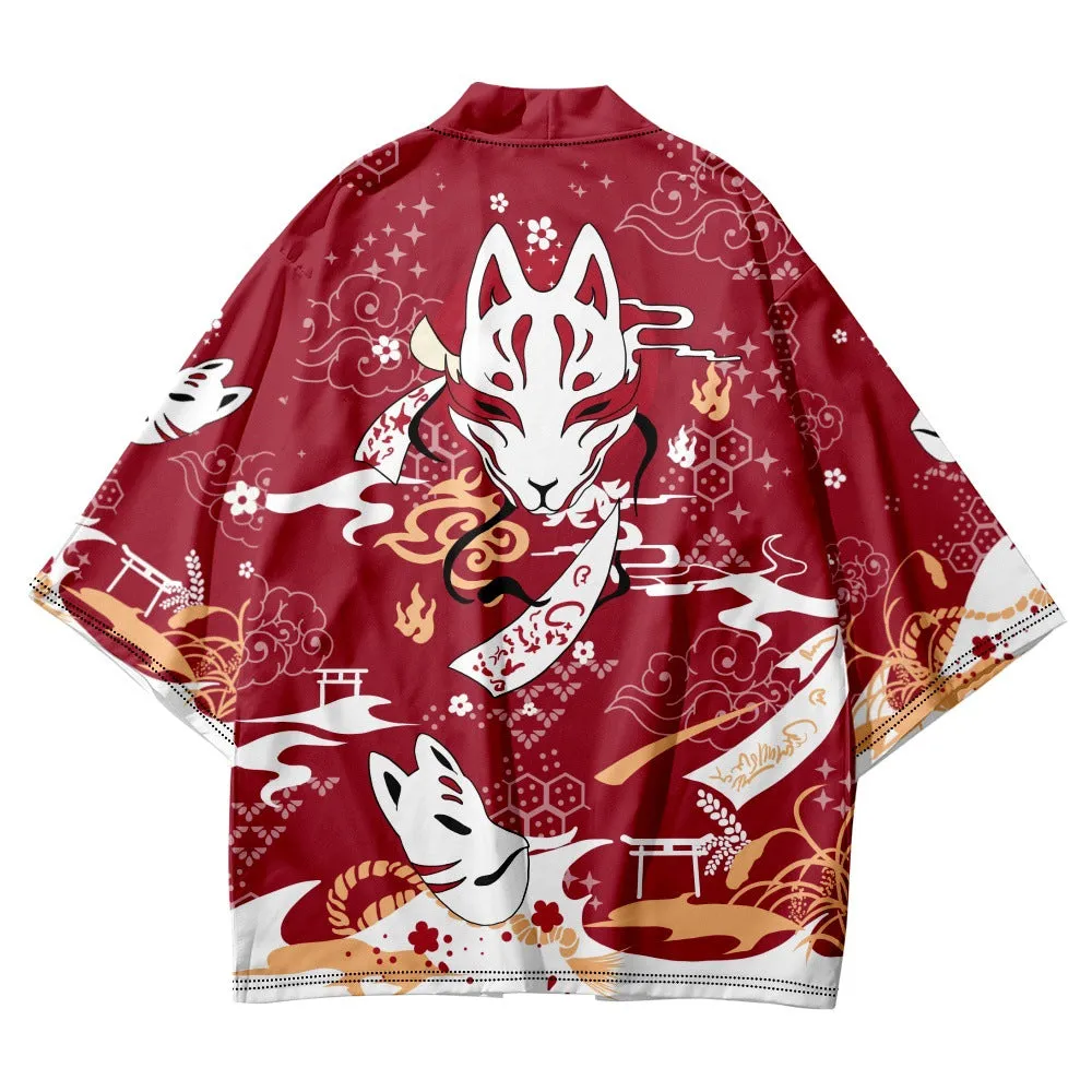 Vintage Fox Mask Print Kimono Outerwear