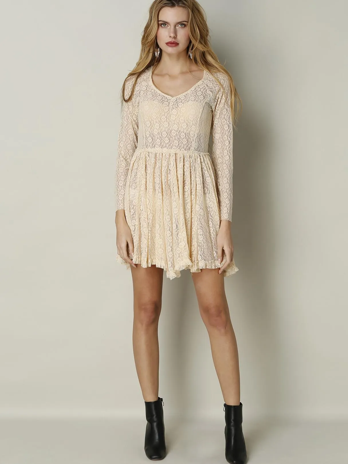 Wholesale Apricot Round Neck Long Sleeve Lace Ruffle Hem Mini Dress