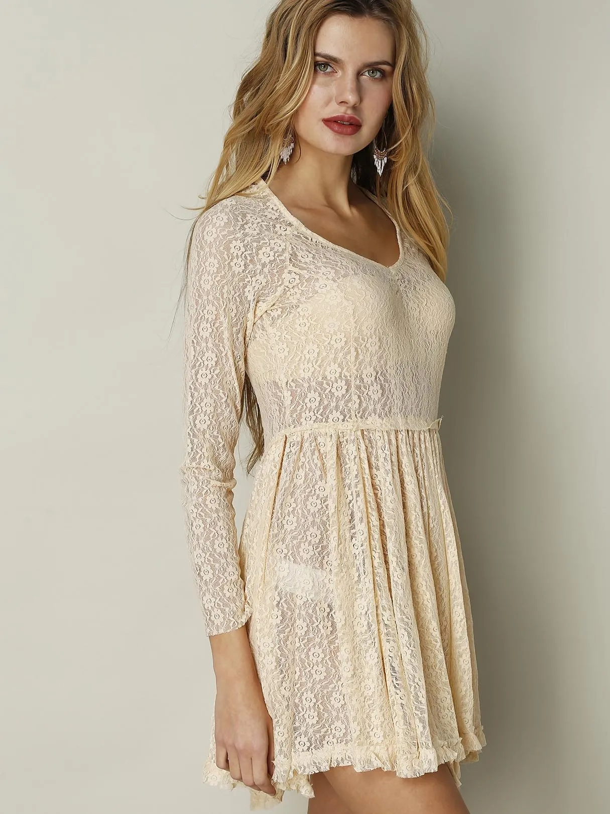 Wholesale Apricot Round Neck Long Sleeve Lace Ruffle Hem Mini Dress