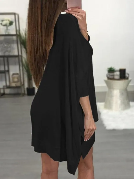 Wholesale Black Off The Shoulder 3/4 Length Sleeve Lace-Up Slit Hem Mini Dress