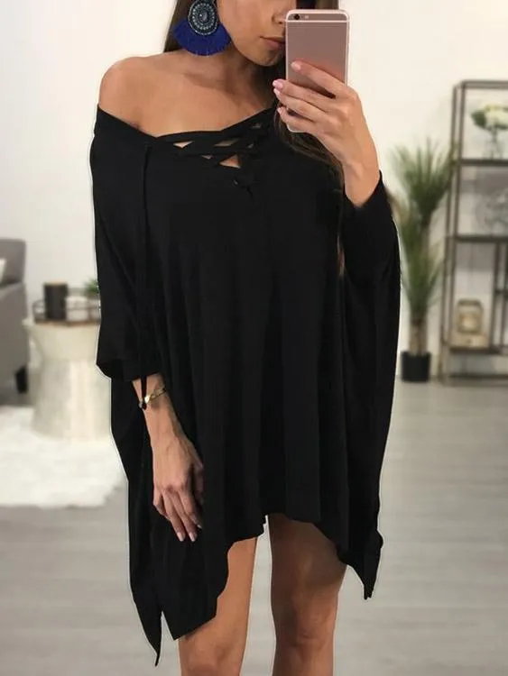 Wholesale Black Off The Shoulder 3/4 Length Sleeve Lace-Up Slit Hem Mini Dress