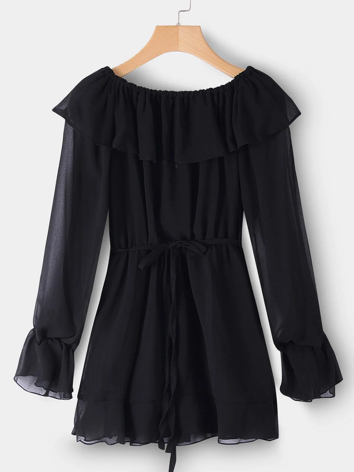 Wholesale Black Off The Shoulder Deep V Neck Long Sleeve Lace-Up Cut Out Mini Dresses