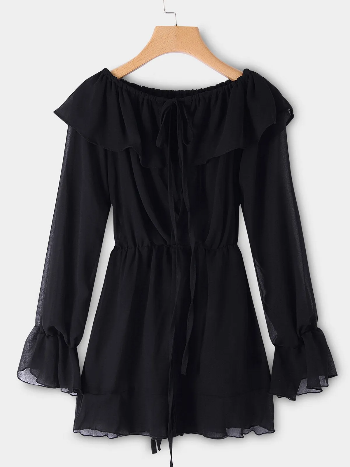 Wholesale Black Off The Shoulder Deep V Neck Long Sleeve Lace-Up Cut Out Mini Dresses