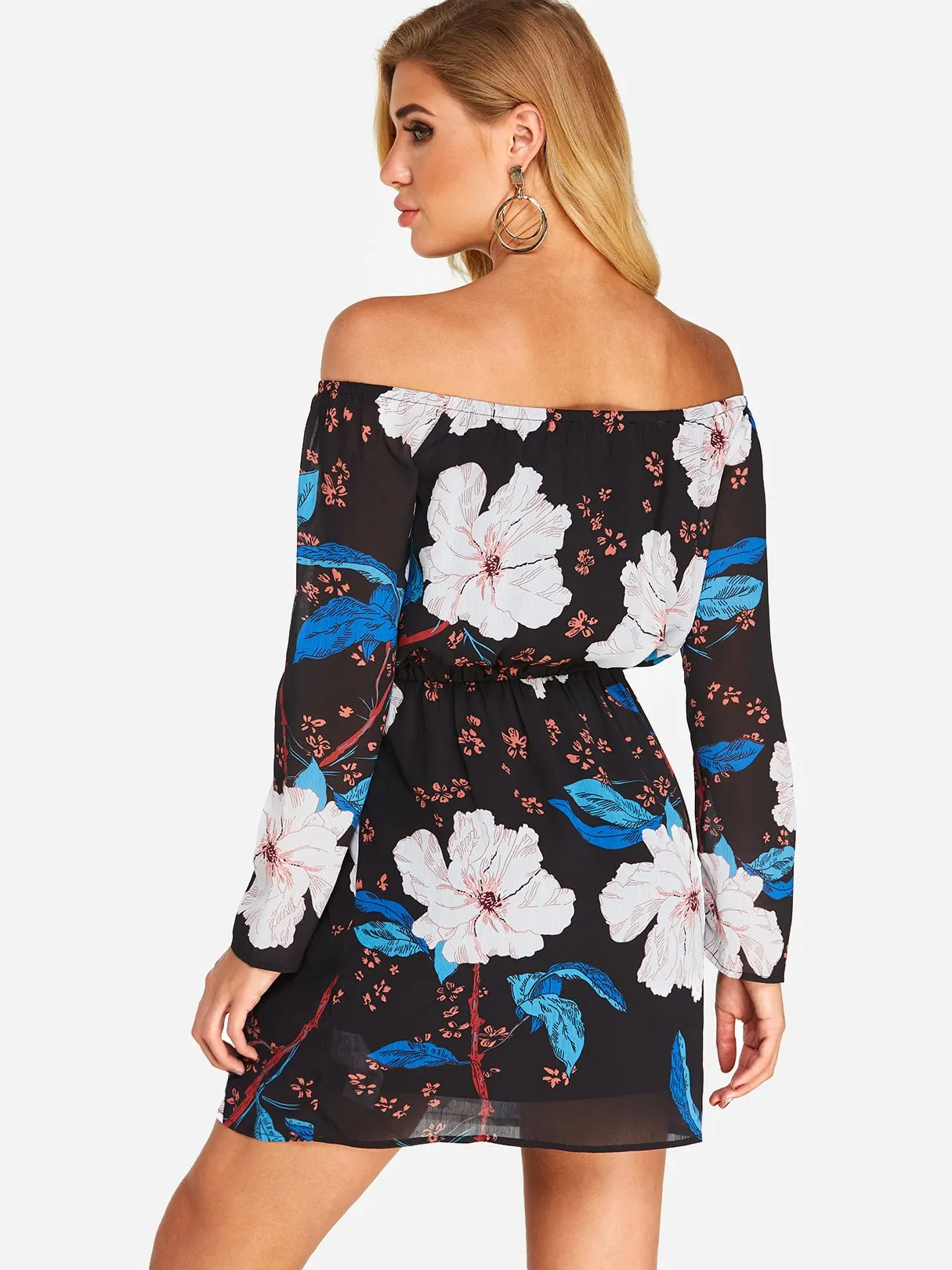 Wholesale Black Off The Shoulder Long Sleeve Floral Print Mini Dress