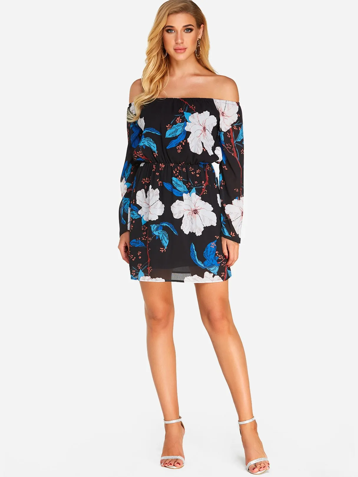 Wholesale Black Off The Shoulder Long Sleeve Floral Print Mini Dress