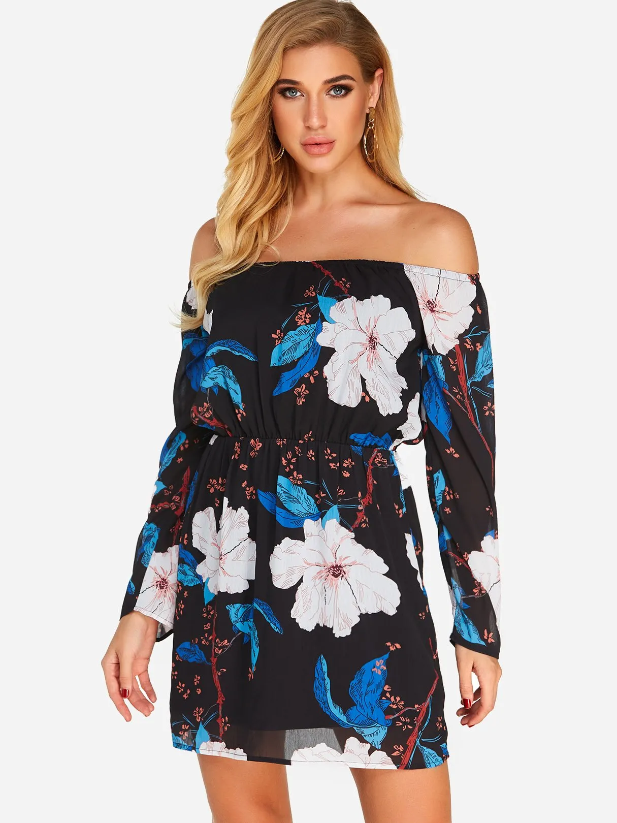 Wholesale Black Off The Shoulder Long Sleeve Floral Print Mini Dress