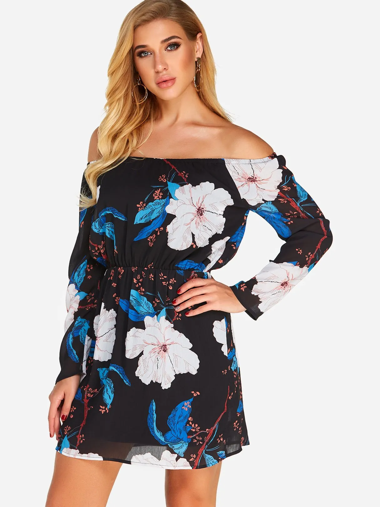 Wholesale Black Off The Shoulder Long Sleeve Floral Print Mini Dress