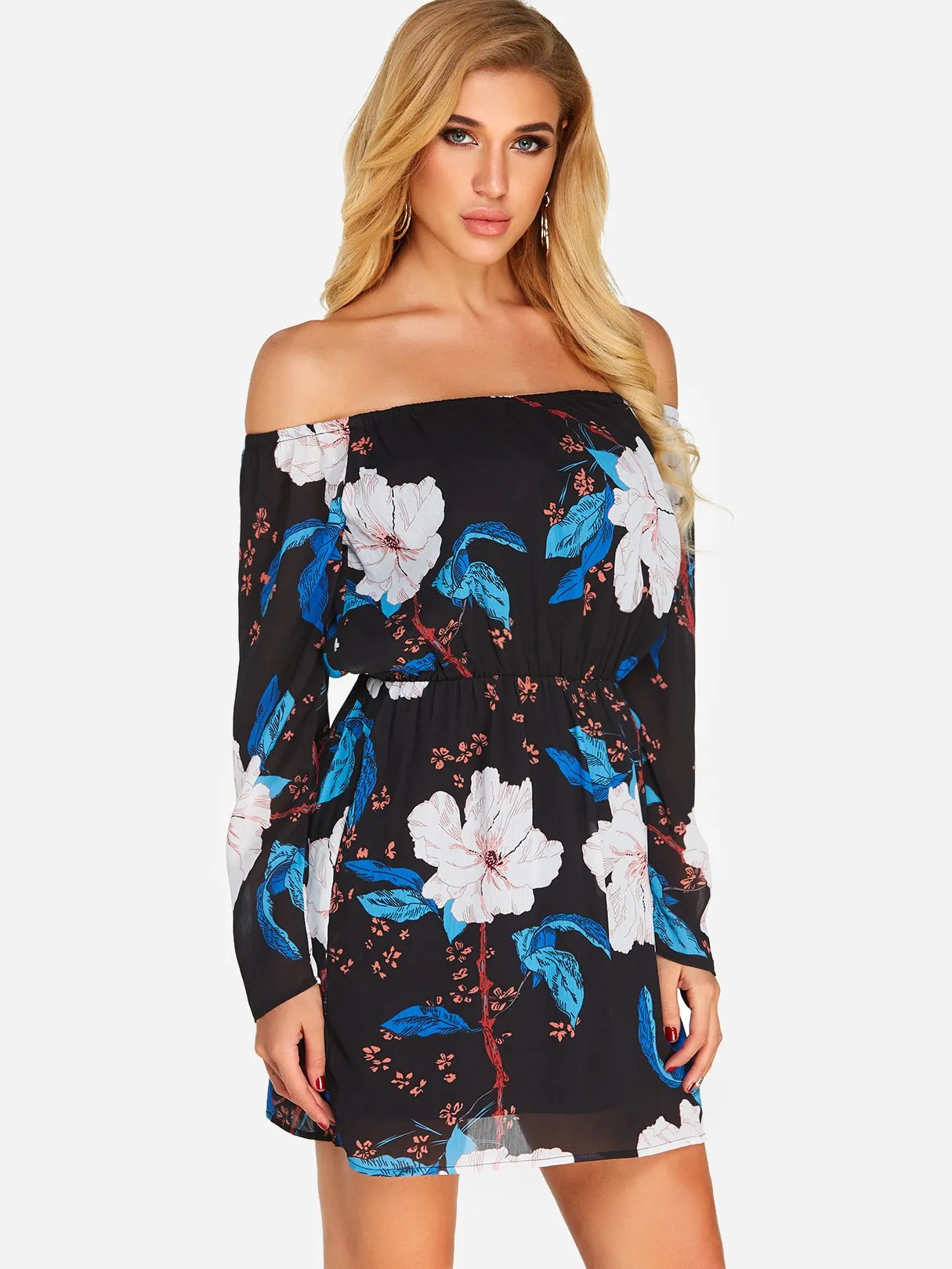 Wholesale Black Off The Shoulder Long Sleeve Floral Print Mini Dress