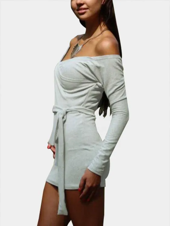 Wholesale Grey Off The Shoulder Long Sleeve Plain Crossed Front Backless Belt Self-Tie Mini Dress
