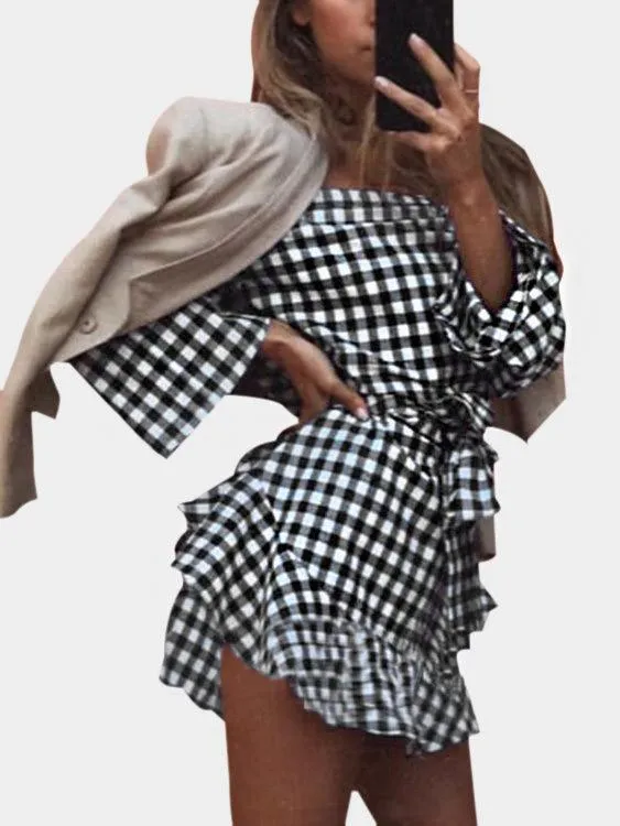 Wholesale Off The Shoulder Grid Long Sleeve Black Mini Dress