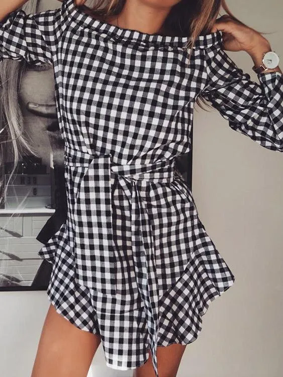 Wholesale Off The Shoulder Grid Long Sleeve Black Mini Dress