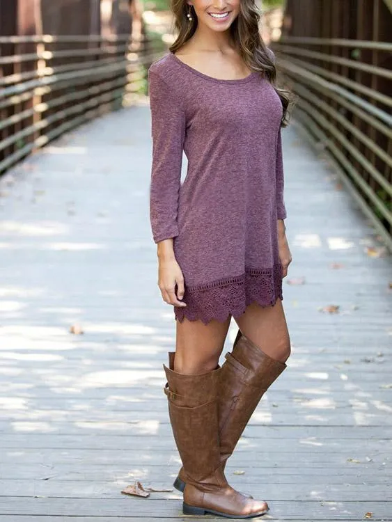 Wholesale Purple Round Neck 3/4 Length Sleeve Lace Mini Dresses