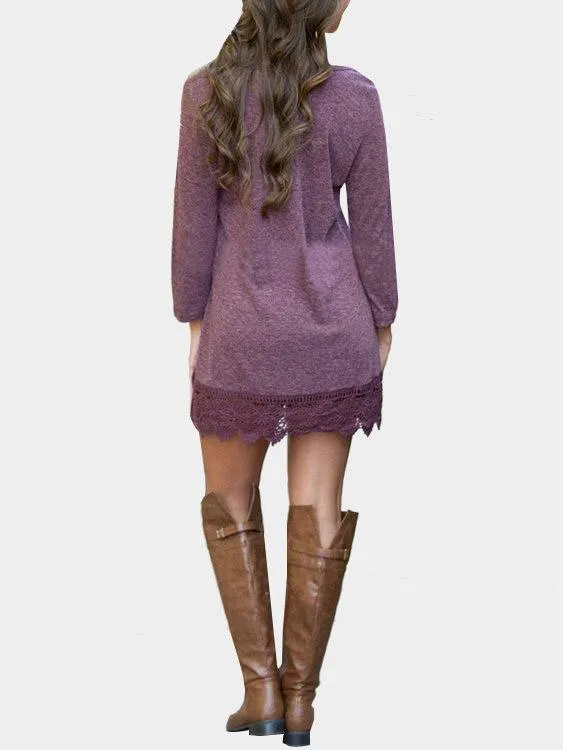 Wholesale Purple Round Neck 3/4 Length Sleeve Lace Mini Dresses