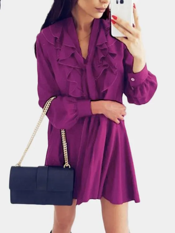Wholesale Purple V-Neck Long Sleeve Mini Dress