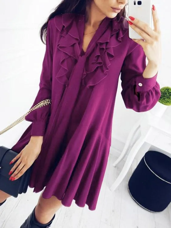Wholesale Purple V-Neck Long Sleeve Mini Dress