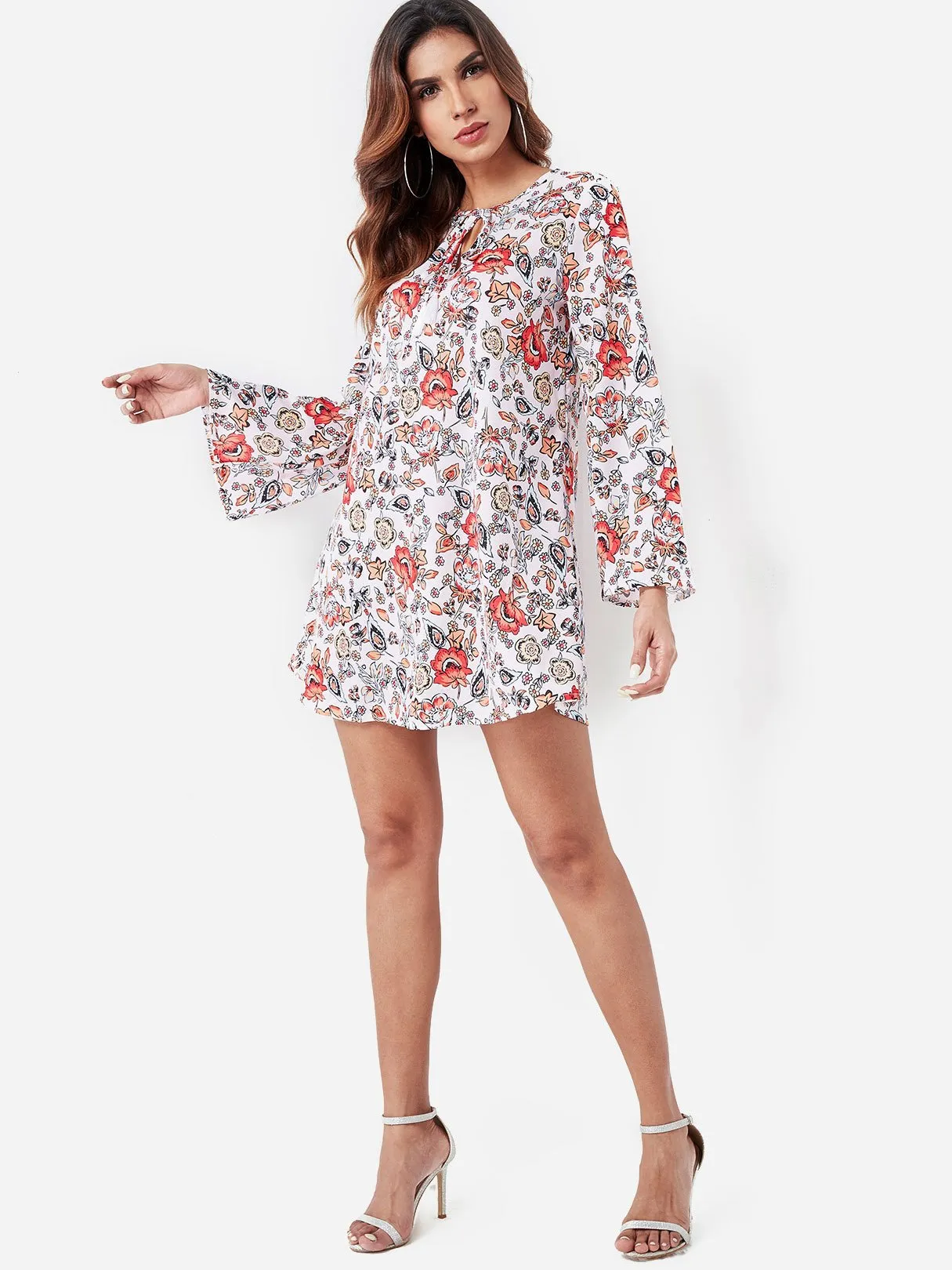 Wholesale Red V-Neck Long Sleeve Floral Print Lace-Up Mini Dress