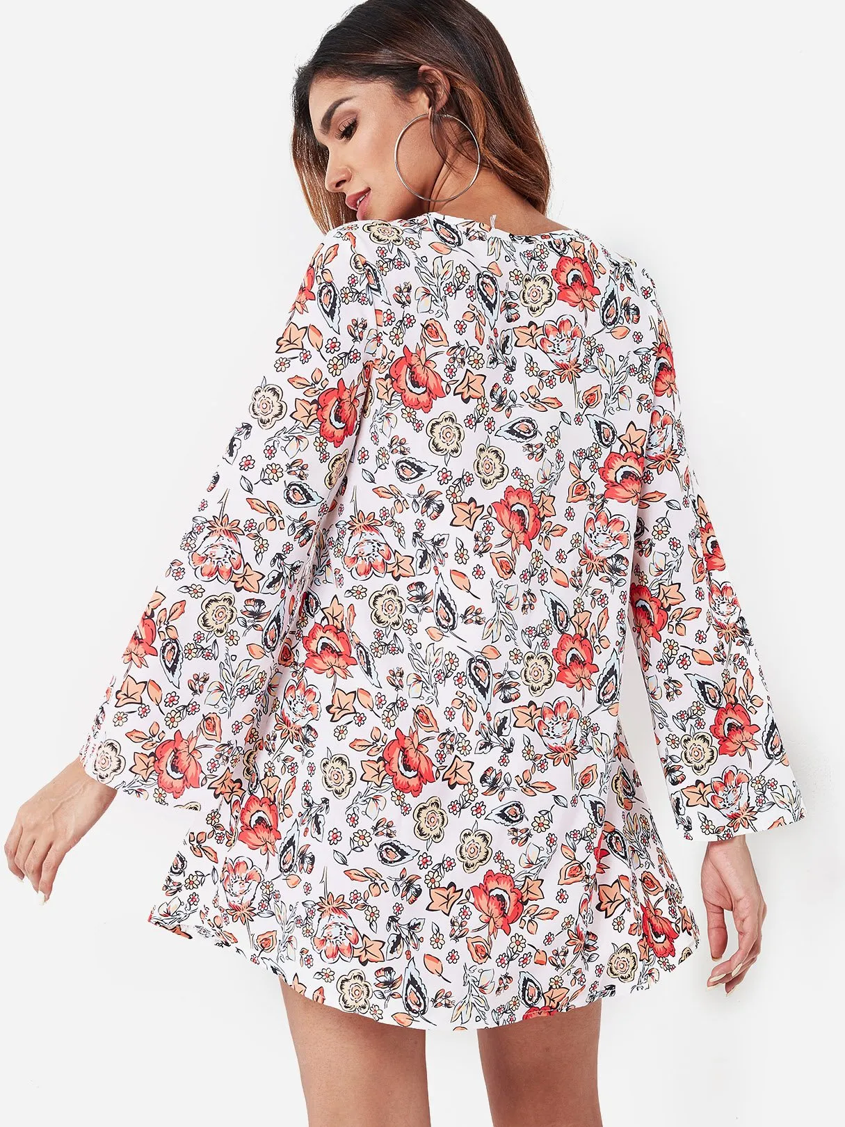 Wholesale Red V-Neck Long Sleeve Floral Print Lace-Up Mini Dress