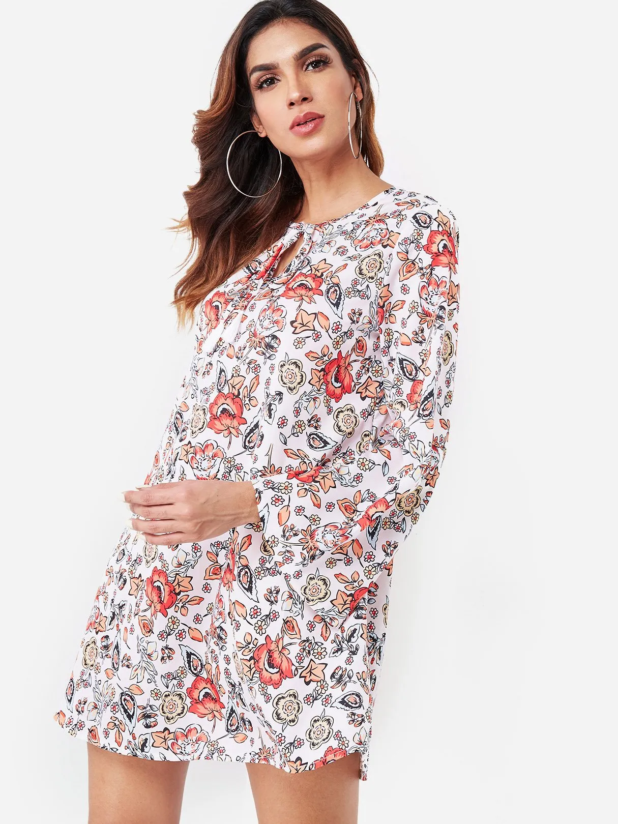 Wholesale Red V-Neck Long Sleeve Floral Print Lace-Up Mini Dress
